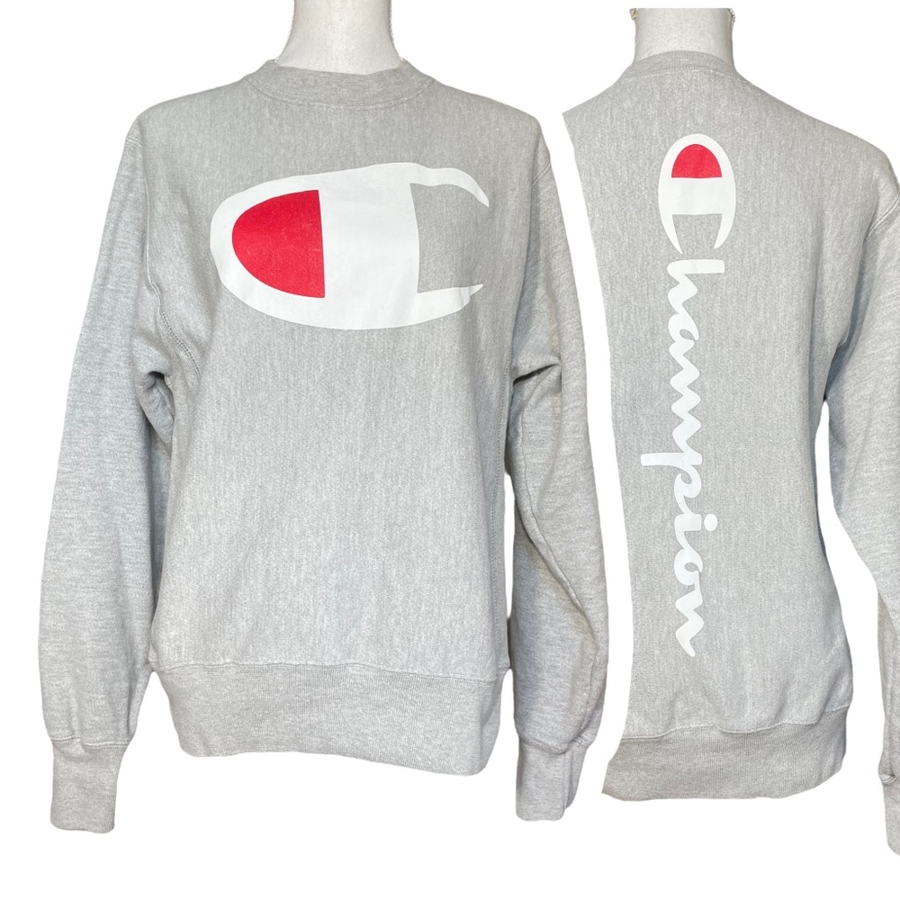 Champion Reverse Weave Sweatshirt S Logo Spellout Graphic Heather Gray